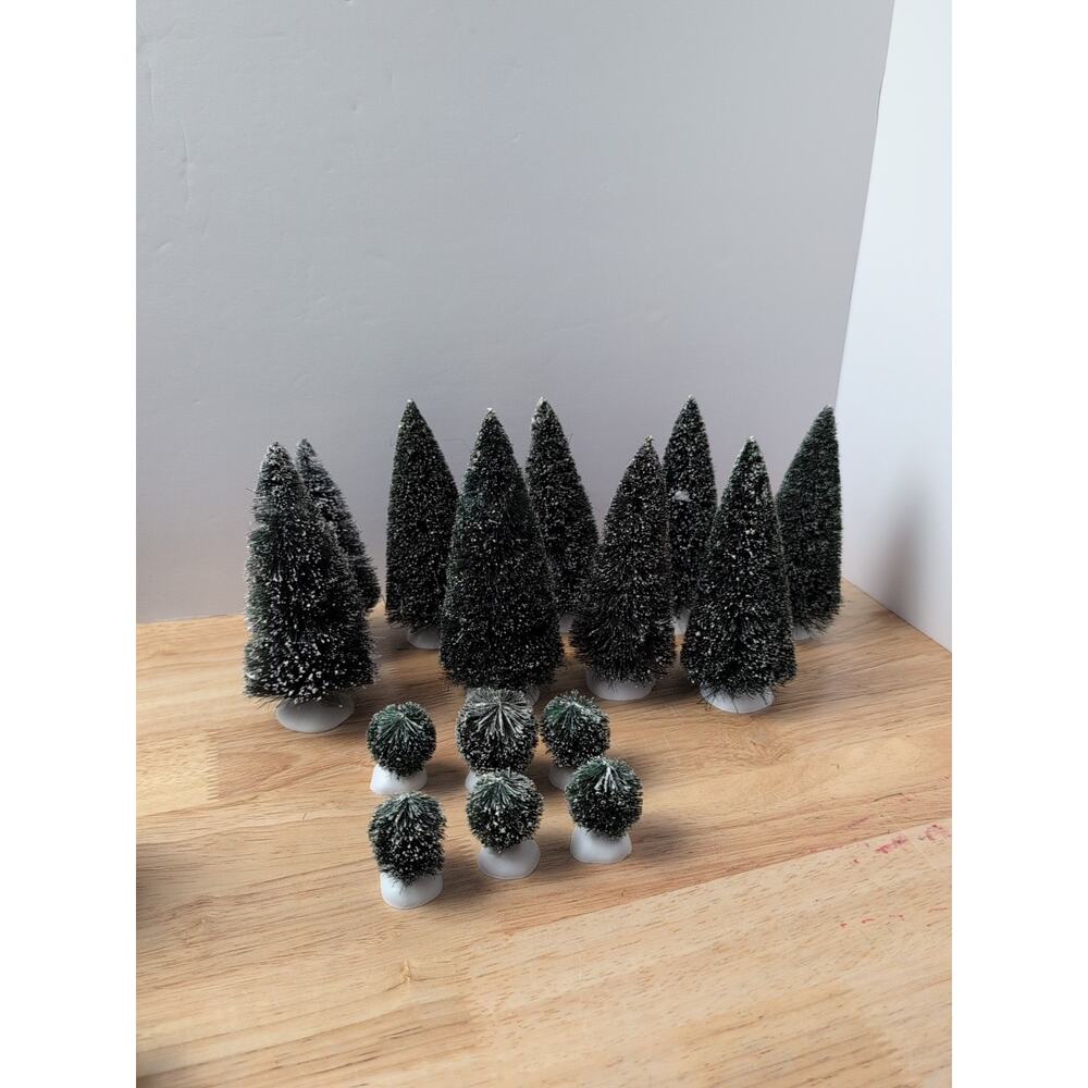 Lot of 15 Department 56 Frosted‎ Flocked Evergreen 9 trees, 6 Sisal Bushes